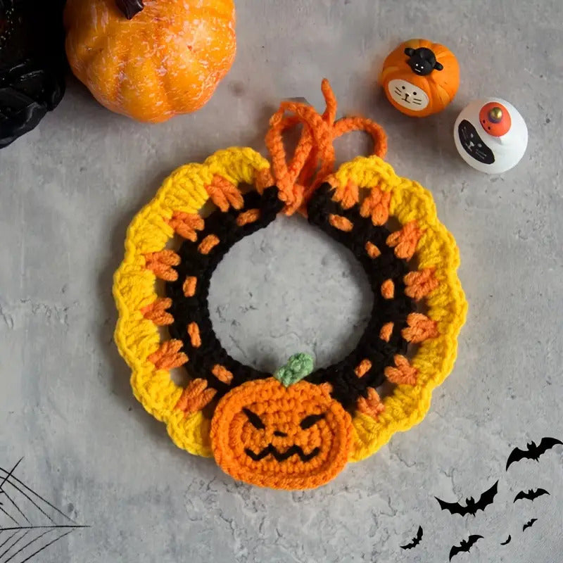 1pc Halloween Crochet Cat Collar with Pumpkin & Butterfly Design - Handwoven Scarf for Small to Medium Breeds, 100% Polyester All-Season Pet Costume & Cozy Accessory, Easy-Tie Knit Collar for Dogs & Cats, Cat Halloween Costume, Festive Pet Wear, Whimsical