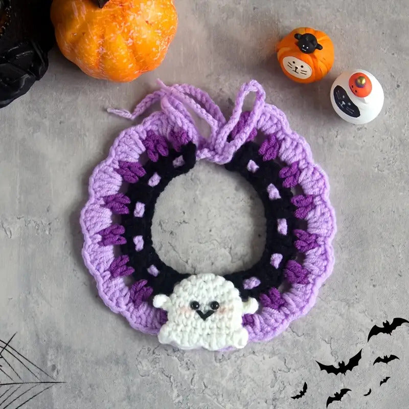 1pc Halloween Crochet Cat Collar with Pumpkin & Butterfly Design - Handwoven Scarf for Small to Medium Breeds, 100% Polyester All-Season Pet Costume & Cozy Accessory, Easy-Tie Knit Collar for Dogs & Cats, Cat Halloween Costume, Festive Pet Wear, Whimsical
