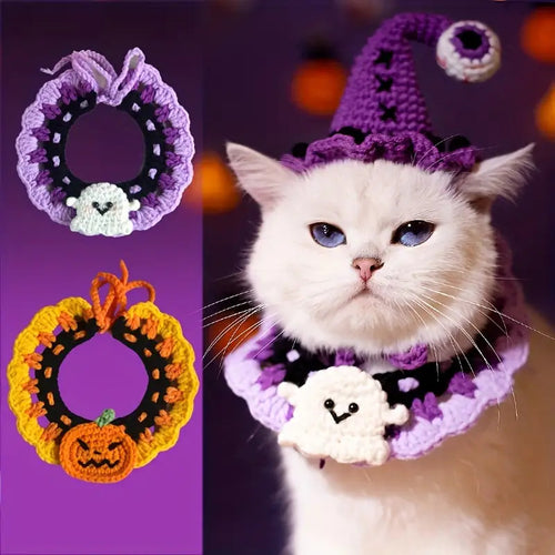 1pc Halloween Crochet Cat Collar with Pumpkin & Butterfly Design - Handwoven Scarf for Small to Medium Breeds, 100% Polyester All-Season Pet Costume & Cozy Accessory, Easy-Tie Knit Collar for Dogs & Cats, Cat Halloween Costume, Festive Pet Wear, Whimsical