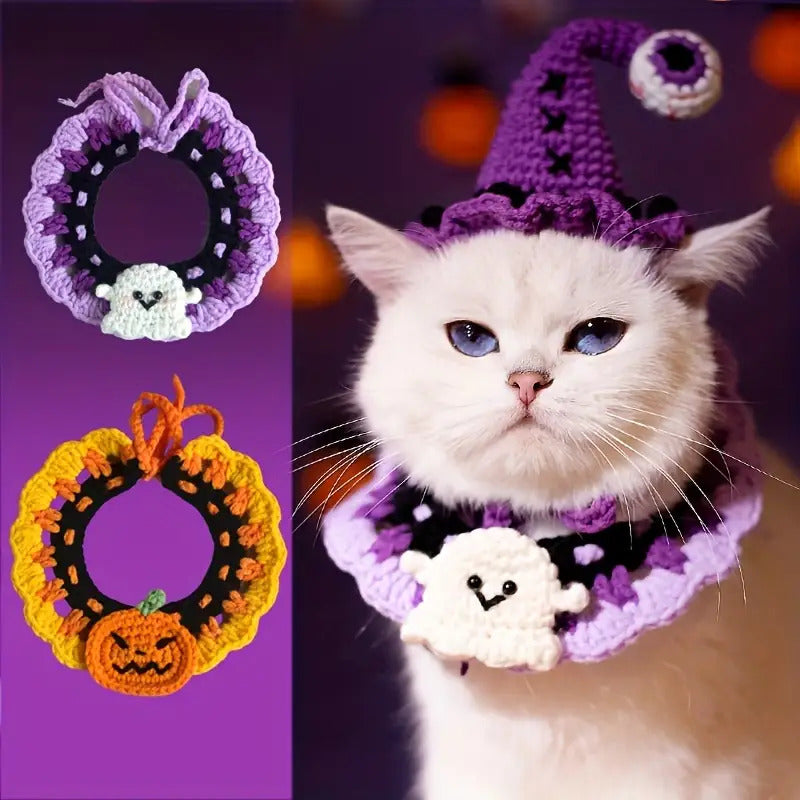 1pc Halloween Crochet Cat Collar with Pumpkin & Butterfly Design - Handwoven Scarf for Small to Medium Breeds, 100% Polyester All-Season Pet Costume & Cozy Accessory, Easy-Tie Knit Collar for Dogs & Cats, Cat Halloween Costume, Festive Pet Wear, Whimsical