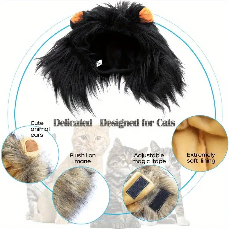 Adjustable & Washable Lion Mane Wig for Cats - Soft Brown Realistic Lion Hair Costume for Halloween, Christmas, Easter Parties - Comfortable Pet Costume for Small, Medium & Large Cats