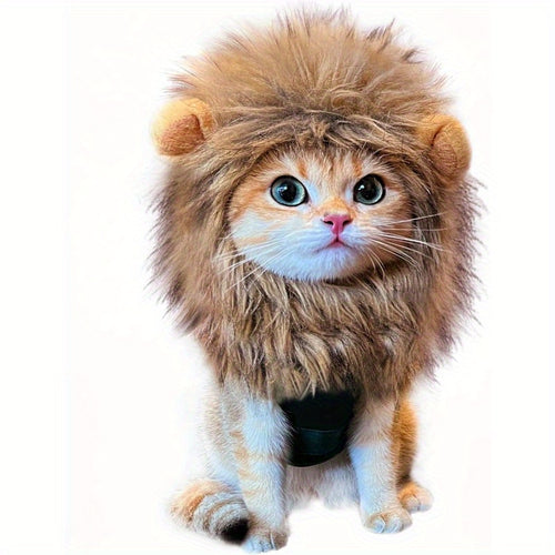 Adjustable & Washable Lion Mane Wig for Cats - Soft Brown Realistic Lion Hair Costume for Halloween, Christmas, Easter Parties - Comfortable Pet Costume for Small, Medium & Large Cats
