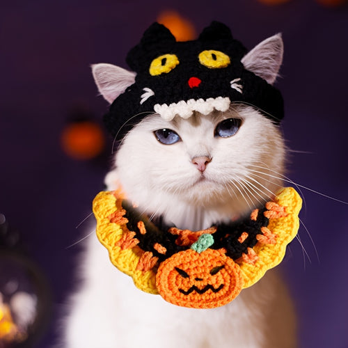 1pc Halloween Crochet Cat Collar with Pumpkin & Butterfly Design - Handwoven Scarf for Small to Medium Breeds, 100% Polyester All-Season Pet Costume & Cozy Accessory, Easy-Tie Knit Collar for Dogs & Cats, Cat Halloween Costume, Festive Pet Wear, Whimsical