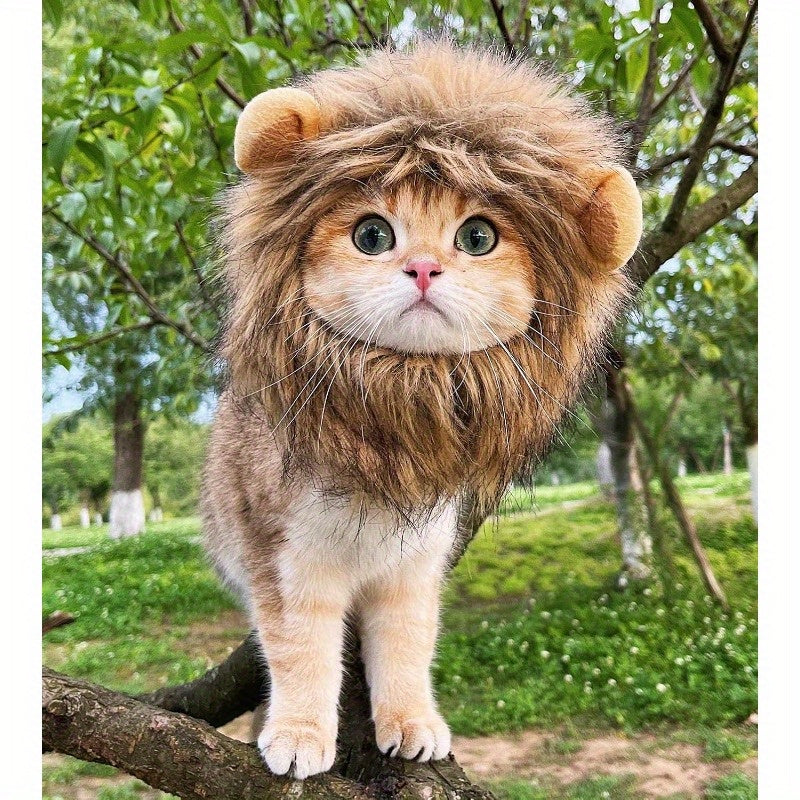 Adjustable & Washable Lion Mane Wig for Cats - Soft Brown Realistic Lion Hair Costume for Halloween, Christmas, Easter Parties - Comfortable Pet Costume for Small, Medium & Large Cats