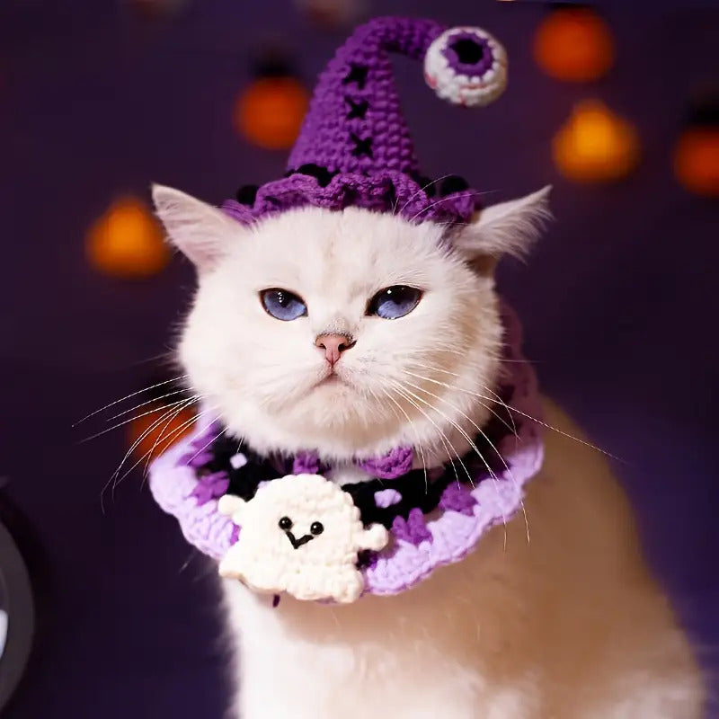 1pc Halloween Crochet Cat Collar with Pumpkin & Butterfly Design - Handwoven Scarf for Small to Medium Breeds, 100% Polyester All-Season Pet Costume & Cozy Accessory, Easy-Tie Knit Collar for Dogs & Cats, Cat Halloween Costume, Festive Pet Wear, Whimsical